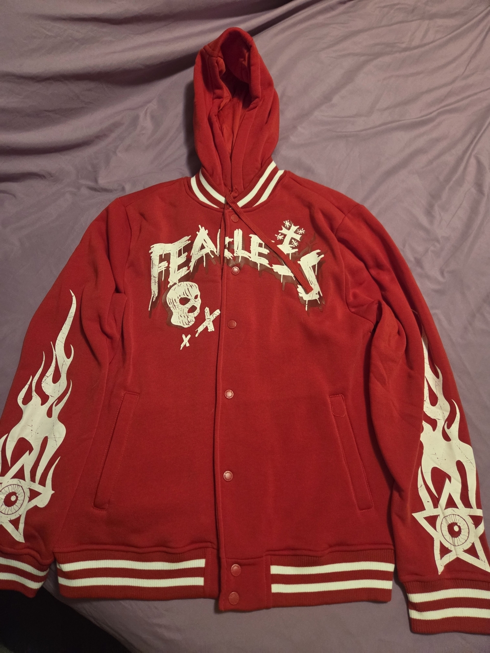 Red Hooded Bomber Jacket with White Flame Graphics